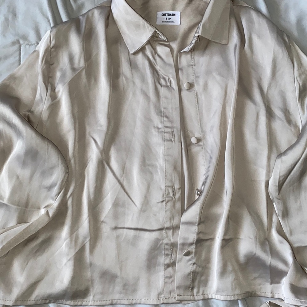 Cream colored Cropped Silk button down long sleeve